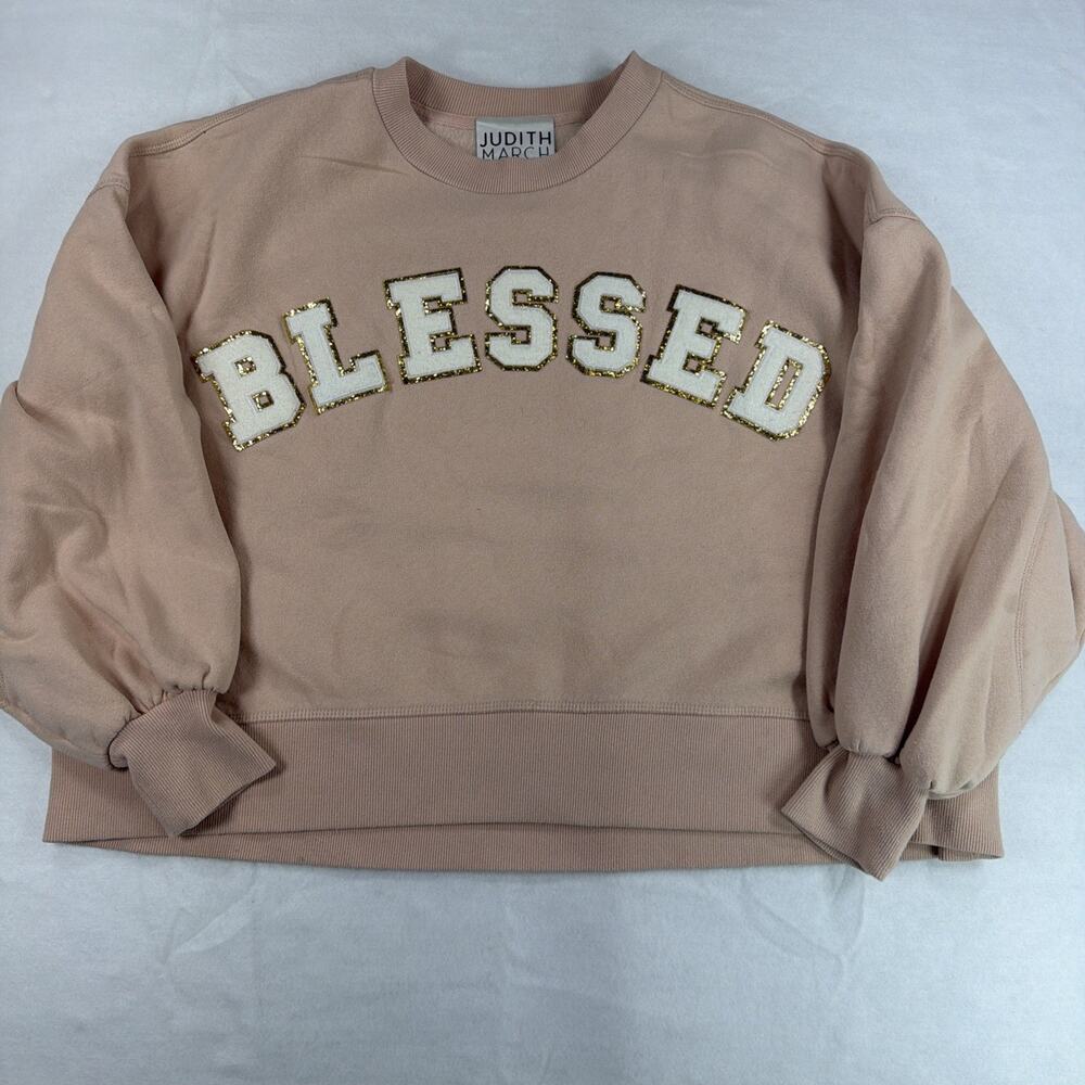 Judith March Creamy Beige Blessed Spellout Script Cropped Sweatshirt L Preppy
